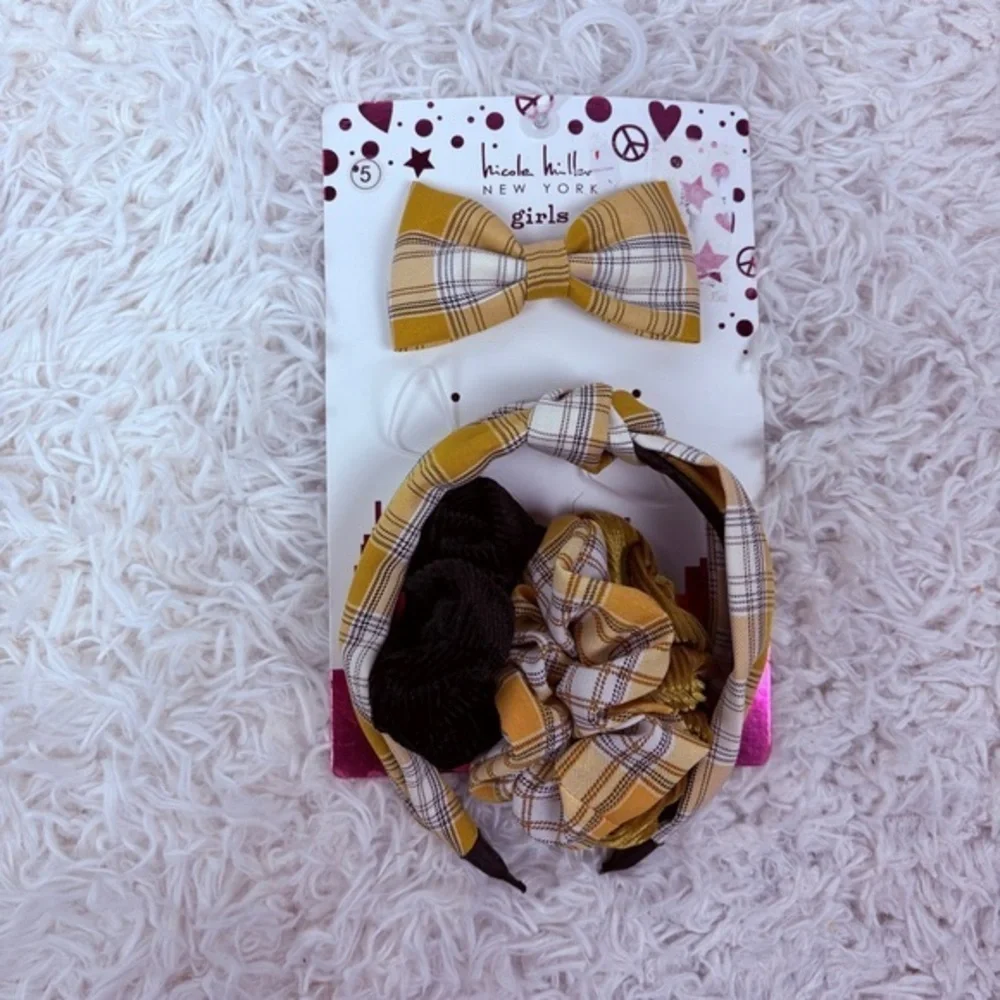 NWT Nicole Miller Girls Yellow Plaid preppy clueless Hair Accessory Set